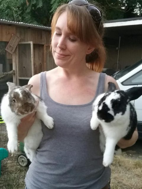 woman and bunnies